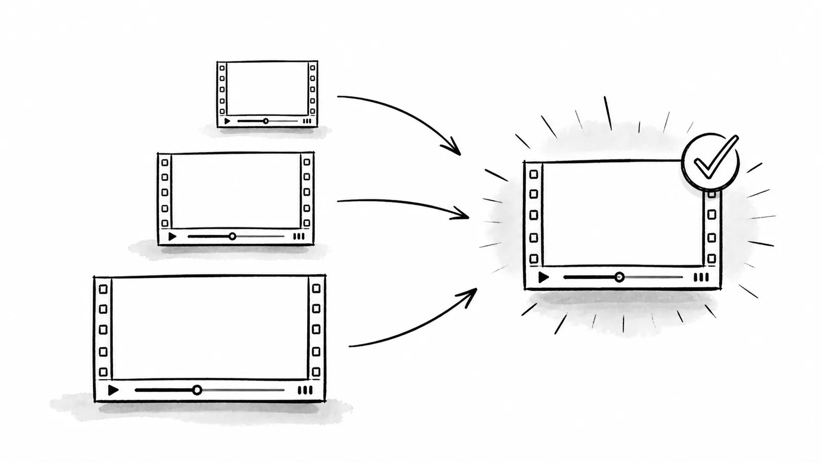 Hand-drawn set of three blank video frames leading to one selected larger video card