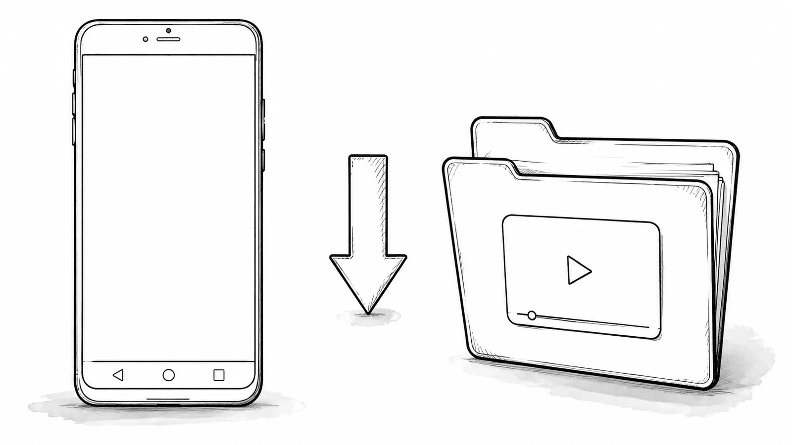 Hand-drawn Android phone beside an open Downloads folder containing a blank video card