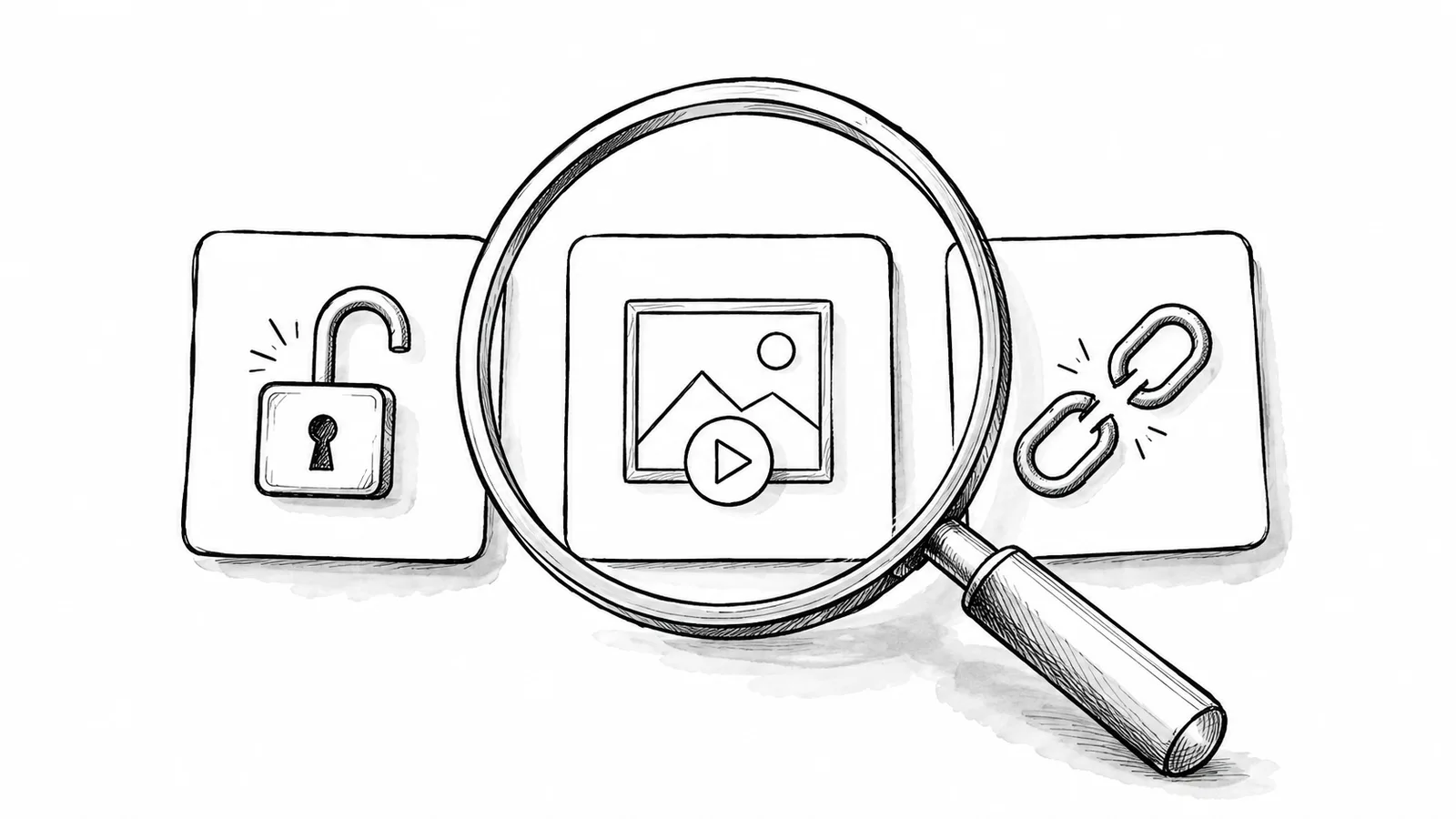 Hand-drawn magnifying glass over a video card between an open padlock and a broken link