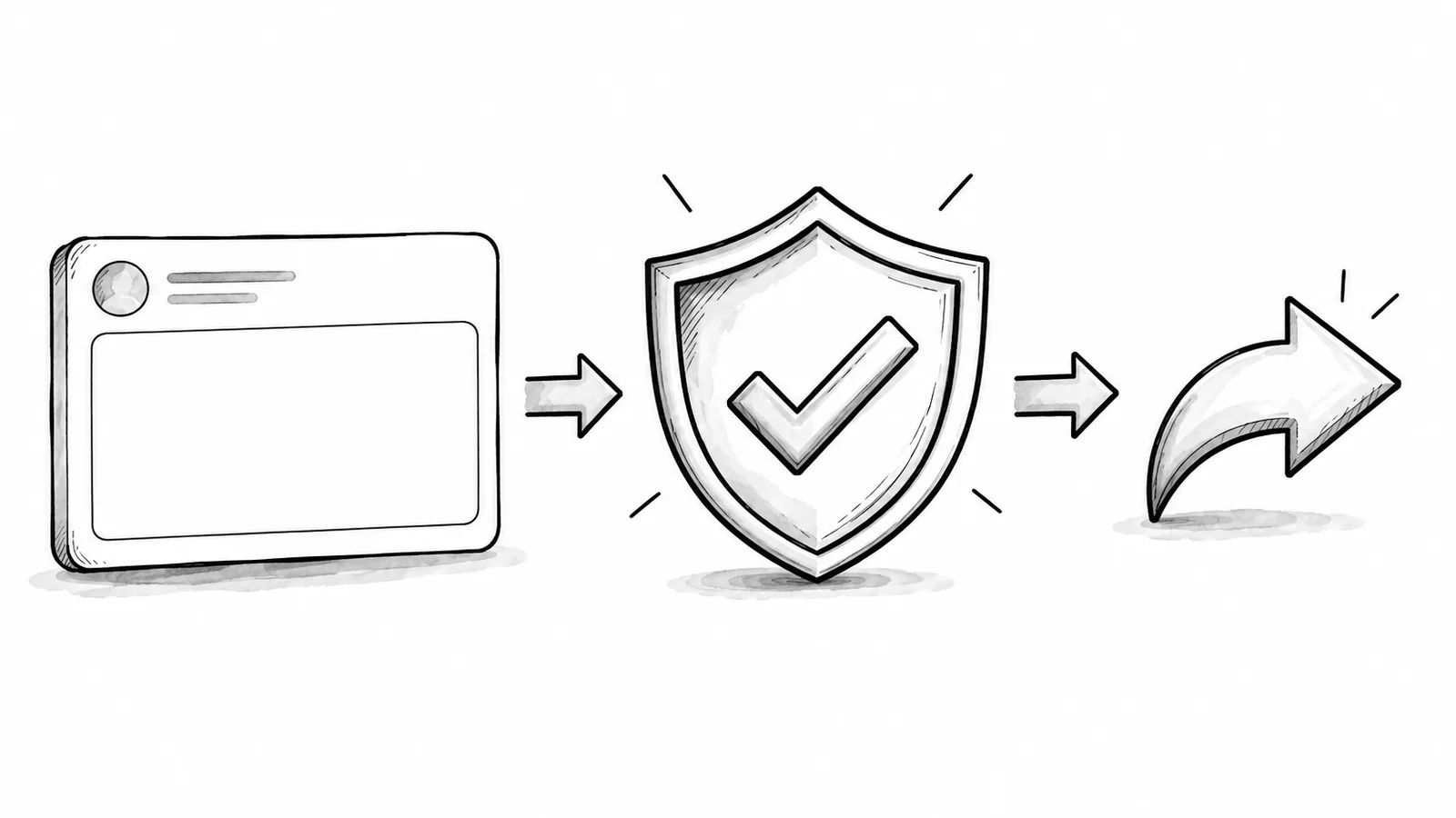 Fictional post card separated from a sharing arrow by a safety shield and checkmark