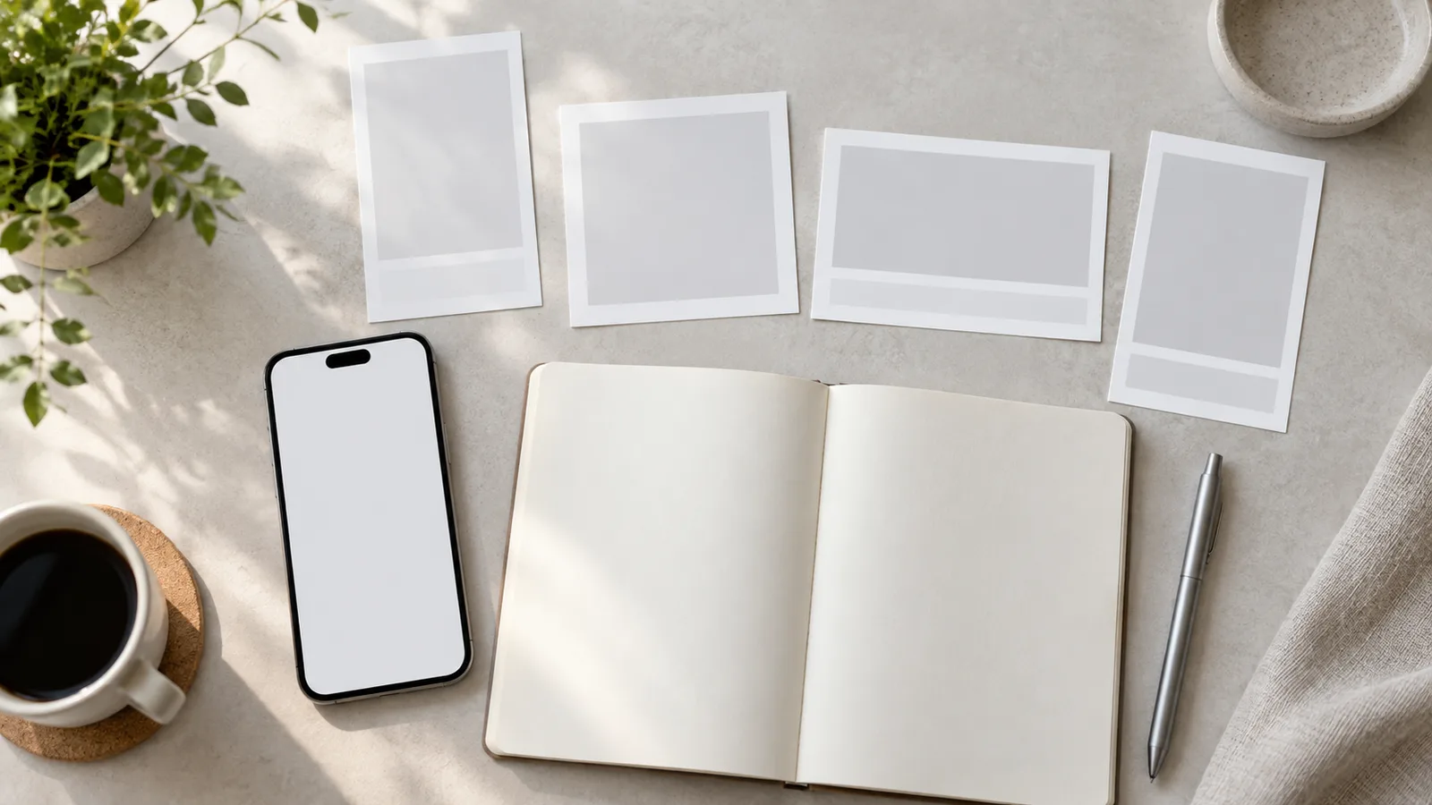 Phone, notebook, ballpoint pen, and blank social post layout cards prepared for mockup editing
