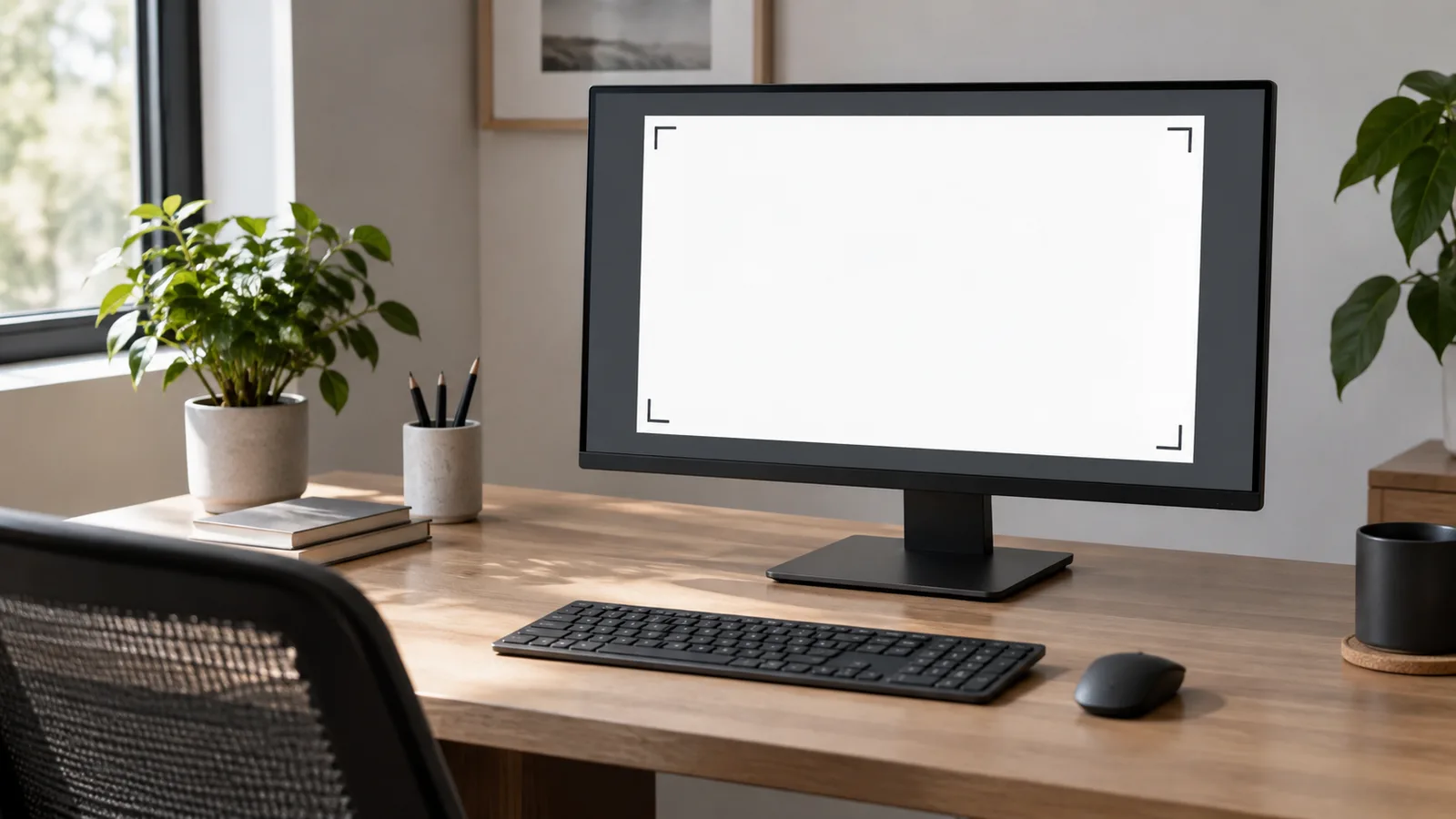 Clean monitor workspace with an abstract blank image canvas and crop handles for screenshot export