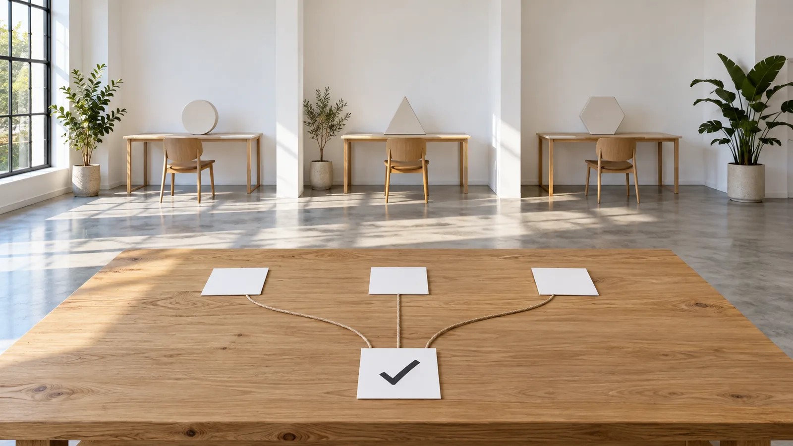 Approved content card branching toward three work bays for account-specific versions