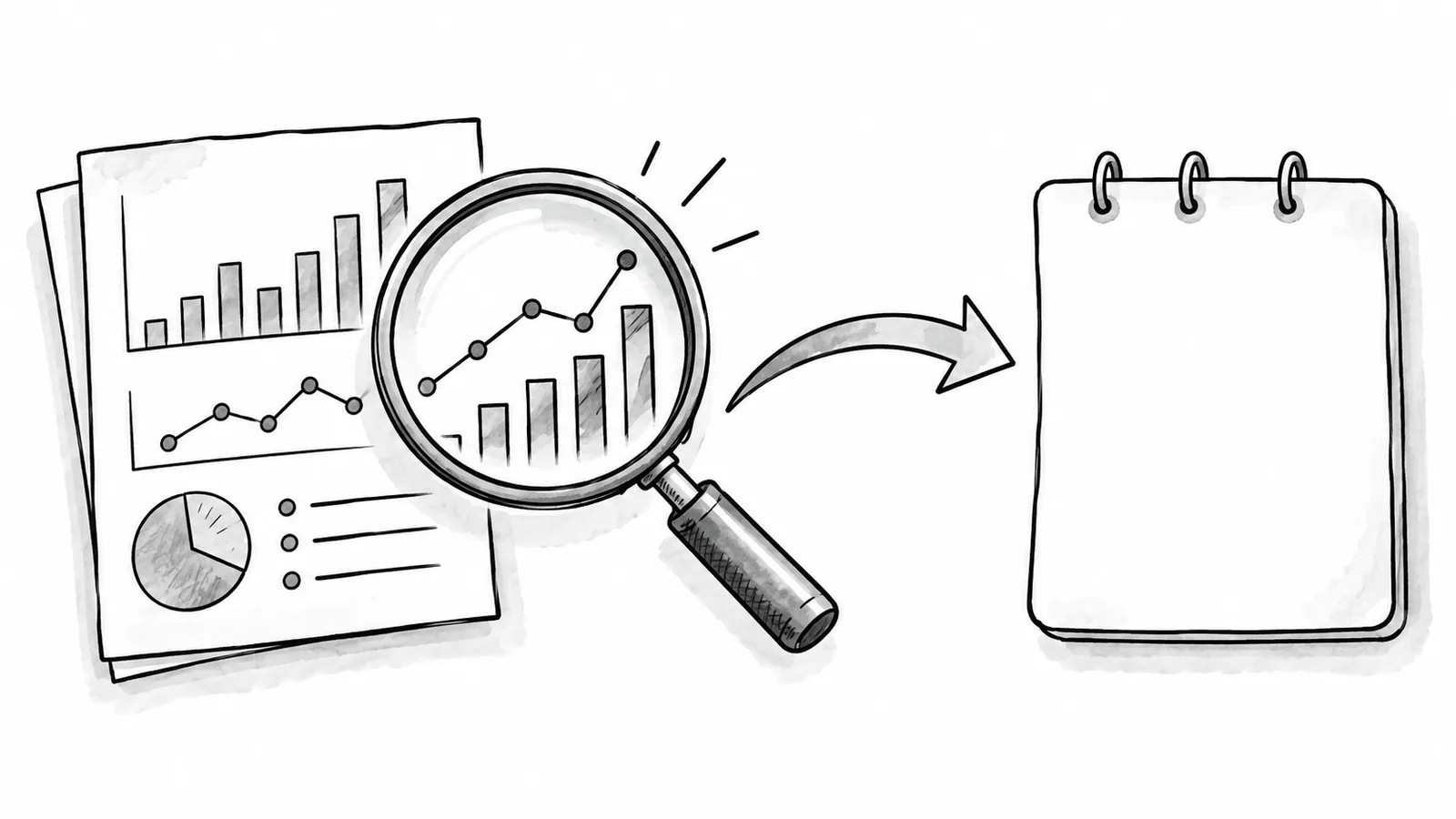 Hand-drawn analytics sheet and magnifying glass leading to the next content planning card