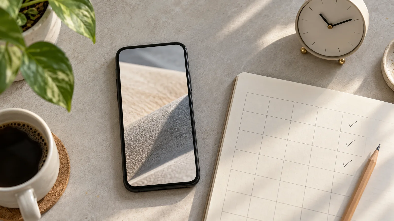 Smartphone with a neutral media crop beside a checked planner and clock during preflight review