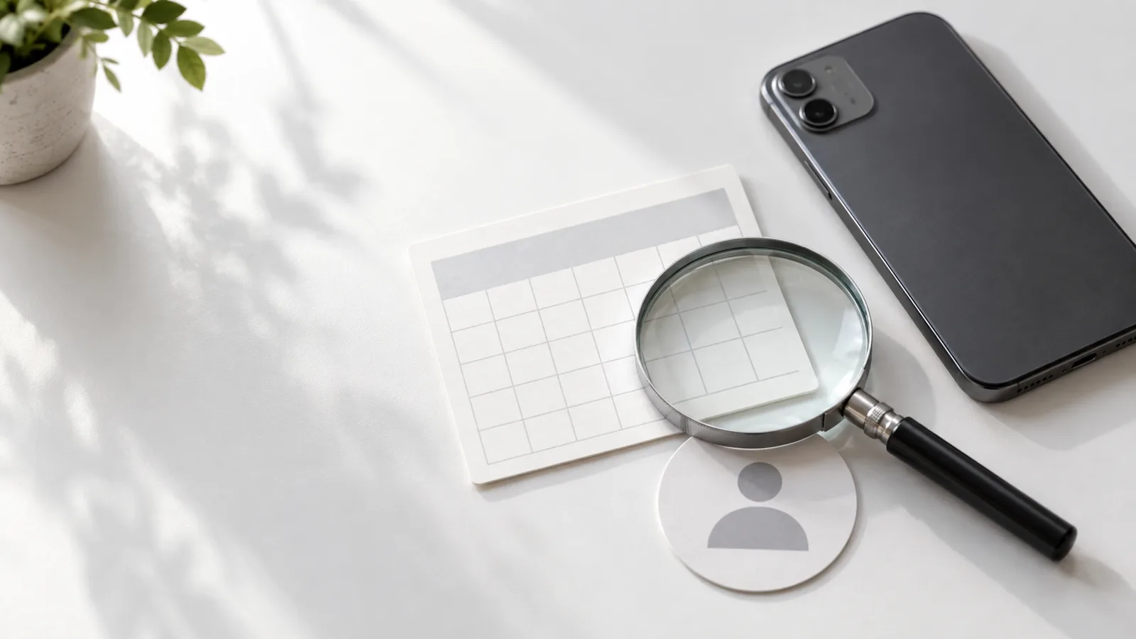 Unbranded phone beside a blank calendar and profile token under a magnifying glass