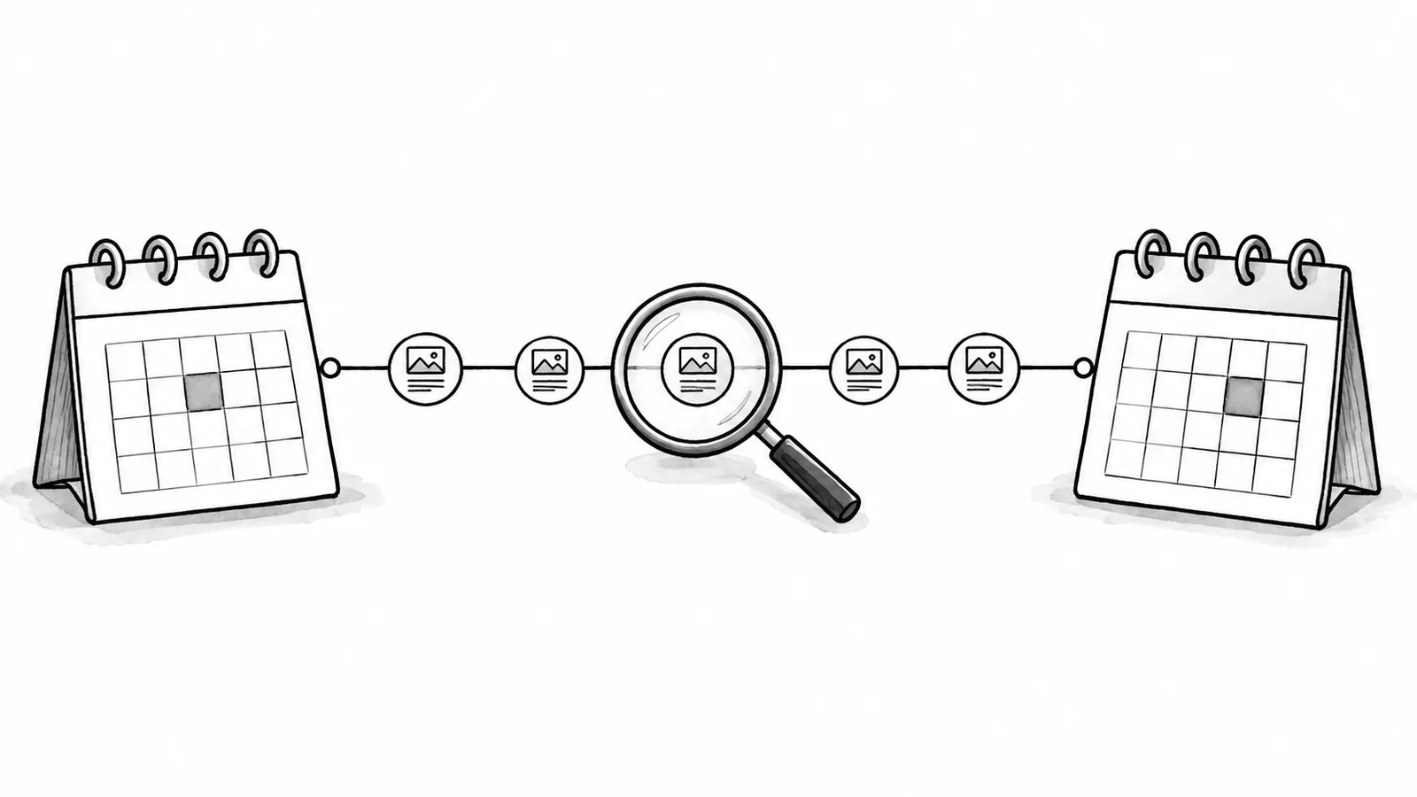 Two calendars connected by post markers under a magnifying glass, illustrating a date range search