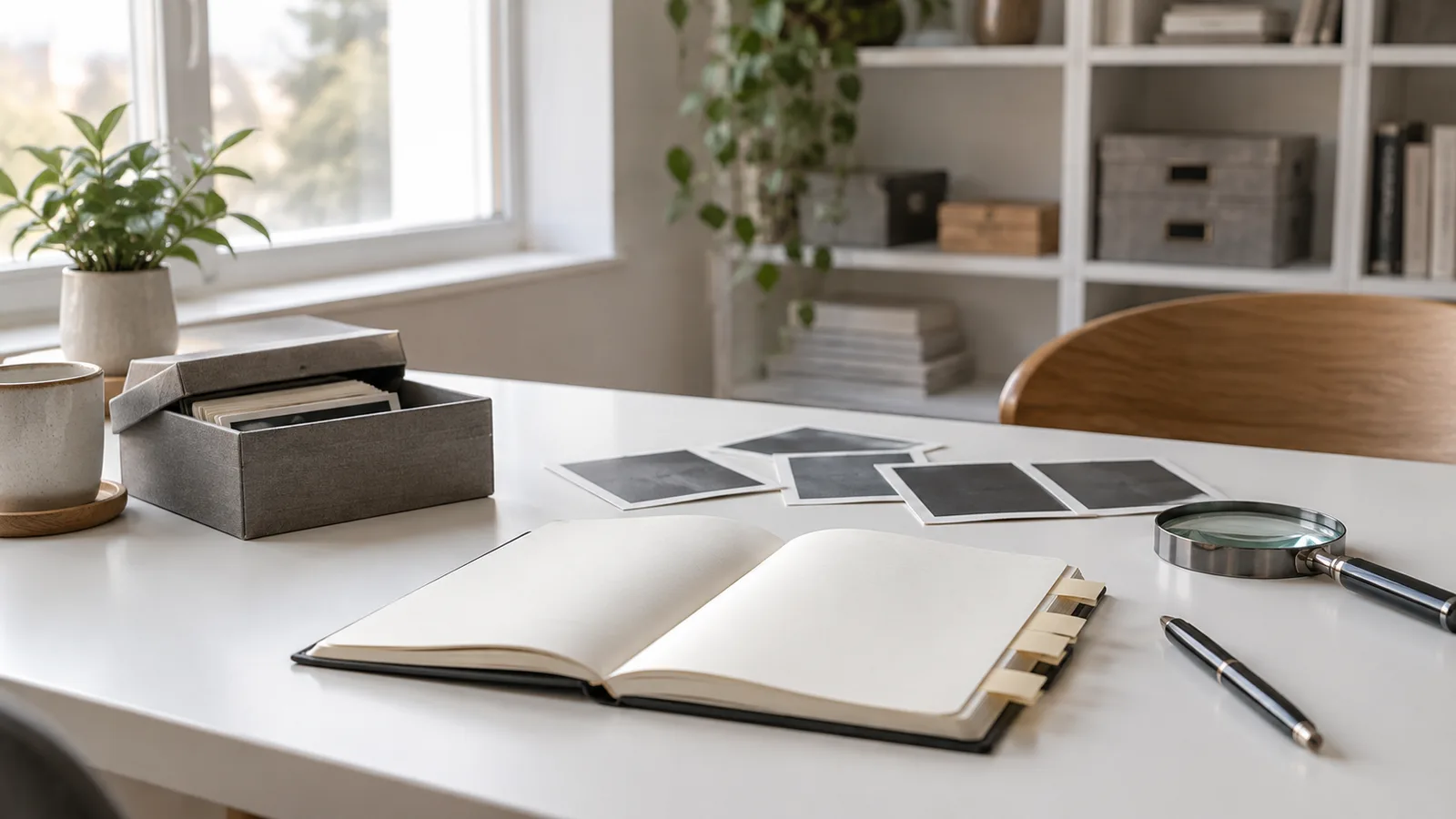 Blank research notebook, archive box, photographs, and magnifying glass on a quiet desk