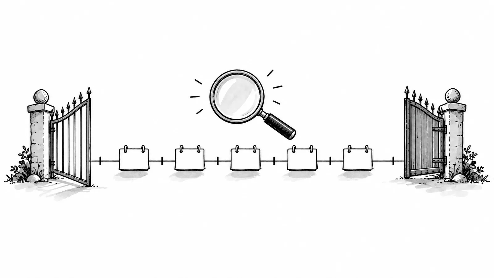 Open and closed gates framing calendar cards on a timeline to illustrate date search boundaries