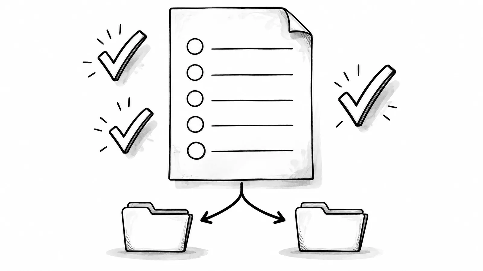 Blank five-item decision checklist branching into two workflow folders