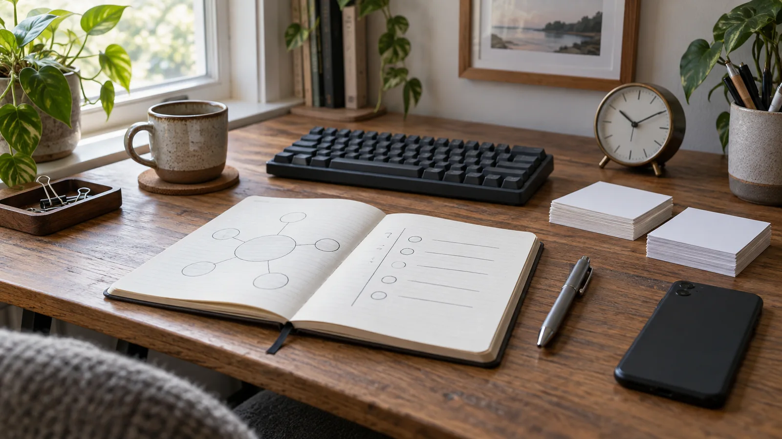 Bright empty creator workspace with blank planning cards representing a content workflow